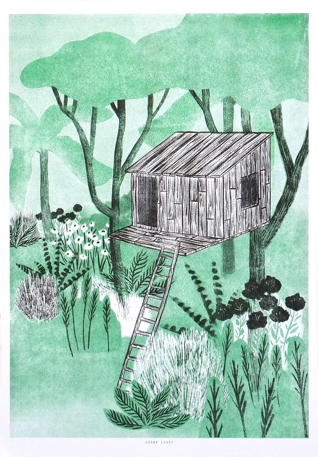 affiche d'edition limitée, illustration d'une cabane perchée. Décoration foret