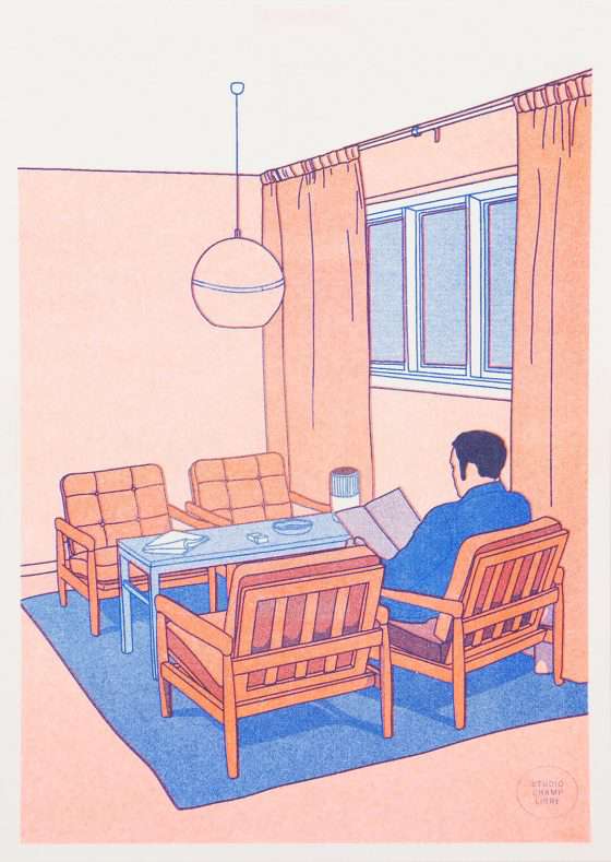 affiche petit format, illustration retro d'un salon avec un homme qui lit le journal