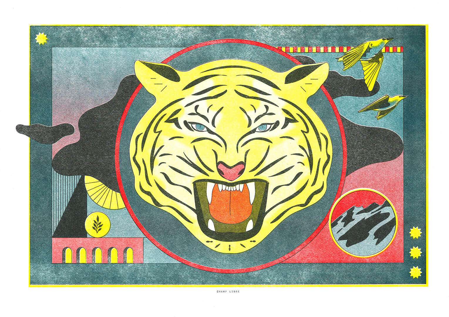 poster retro format A3 avec un tigre et des oiseaux