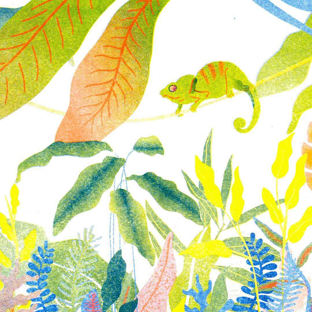 illustration de jungle pour poster décoratif, petit caméléon
