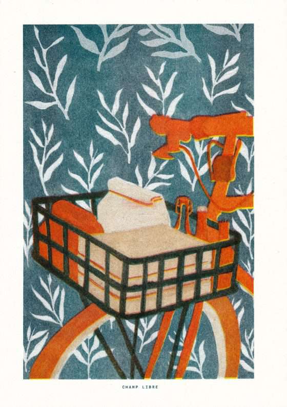 Illustration représentant un vélo sur un fond de motifs de feuilles, imprimée en riso